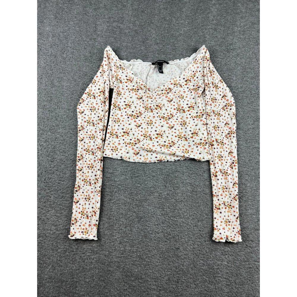 Forever 21 Women's Small Floral Ribbed Long Sleeve Crop Top Blouse Square Neck